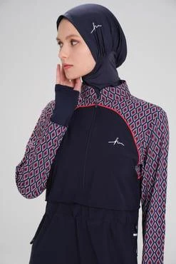 Haşema 2944 Esila Lacivert Kırmızı Kolu Desenli Jileli Tam Tesettür Mayo Üstü LACİVERT-KIRMIZI - Resim 6