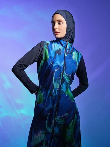 Doğa Desenli Tesettür Mayo Lacivert - Resim 4