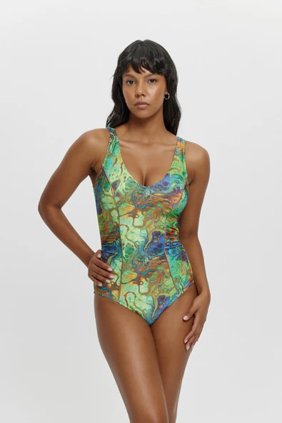 M12017 Biye Detaylı Kuplu Toparlayıcı Mayo YEŞİL ürün görseli 1