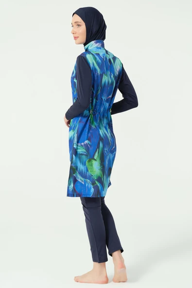 Doğa Desenli Tesettür Mayo Lacivert - Resim 6