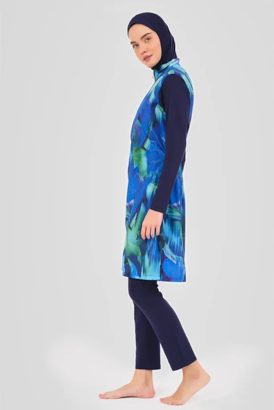 Doğa Desenli Tesettür Mayo Lacivert - Resim 11