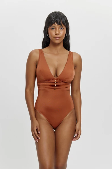 M12051 Uzun Üçgen Boncuklu Mayo KİREMİT