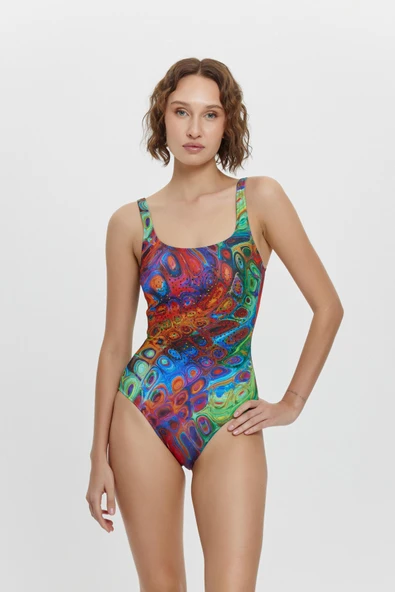 M12034 U YAKA TAŞ DETAYLI MAYO Kırmızı ürün görseli