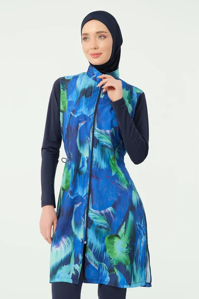 Doğa Desenli Tesettür Mayo Lacivert - Resim 7