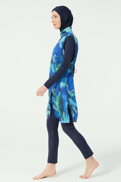 Doğa Desenli Tesettür Mayo Lacivert - Resim 3