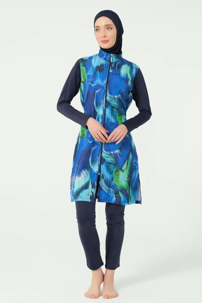 Doğa Desenli Tesettür Mayo Lacivert ürün görseli