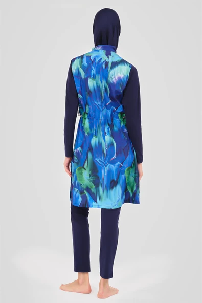 Doğa Desenli Tesettür Mayo Lacivert - Resim 12