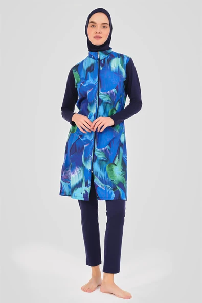 Doğa Desenli Tesettür Mayo Lacivert - Resim 10