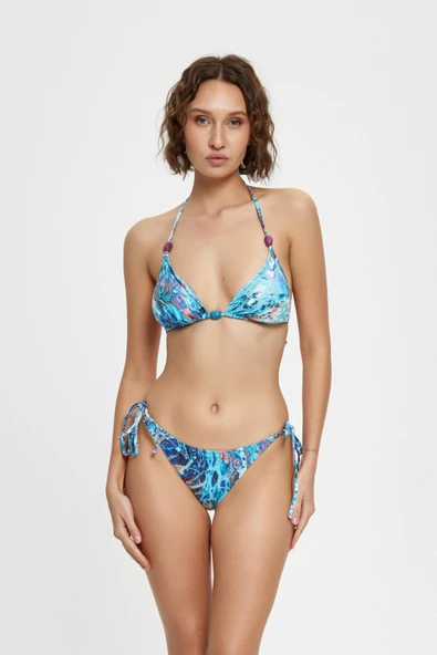 B11050 Üçgen  Boncuklu Bikini Takımı MAVİ ürün görseli