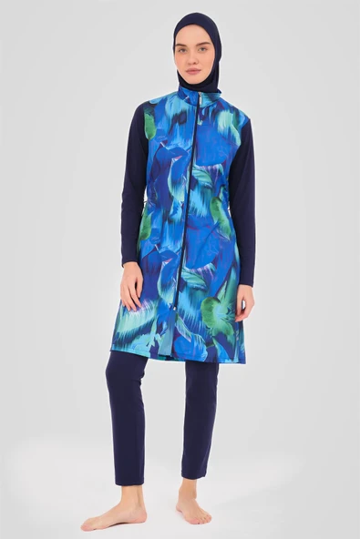 Doğa Desenli Tesettür Mayo Lacivert - Resim 9