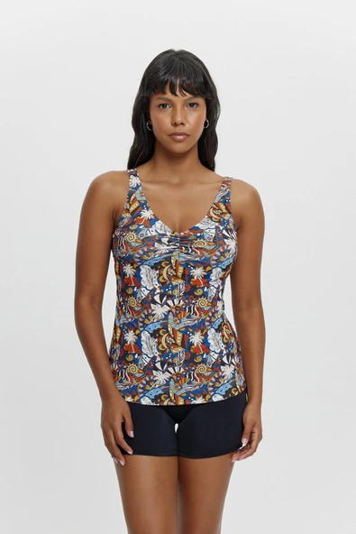 T14004 Şortlu V Yaka Tankini İndigo ürün görseli