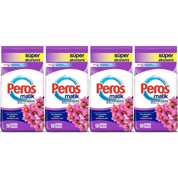 Peros Matik Toz Çamaşır Deterjanı 40KG Yıldız Çiçeği (Beyaz ve Renkliler) (268 Yıkama) (4PK*10KG)