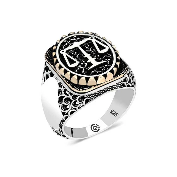 Harem Altın Gümüş Adalet Terazisi Oval Erkek Yüzük ürün görseli 1