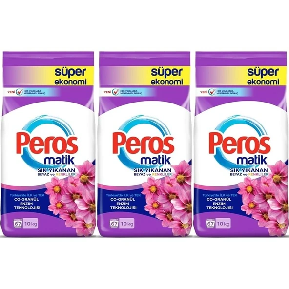 Peros Matik Toz Çamaşır Deterjanı 30KG Yıldız Çiçeği (Beyaz ve Renkliler) (201 Yıkama) (3PK*10KG) - 1