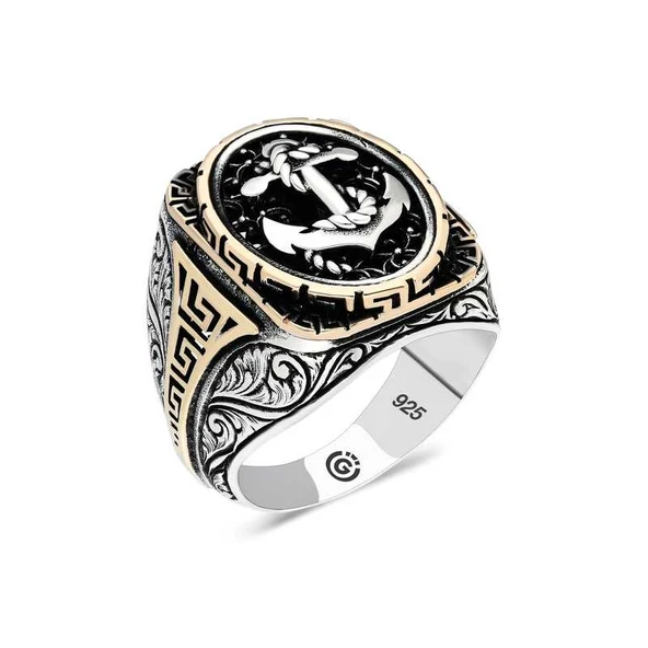 Harem Altın Gümüş Deniz Çapası Oval Erkek Yüzük ürün görseli 1