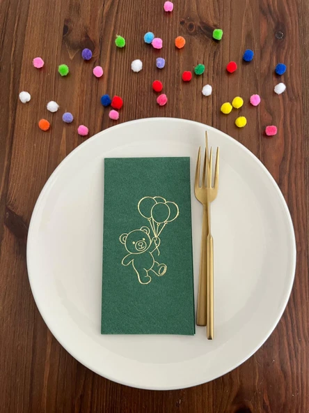 Gold Yaldızlı Yeşil Sevimli Ayı Baskılı Garson Katlama Peçete 16 Adet ürün görseli 1