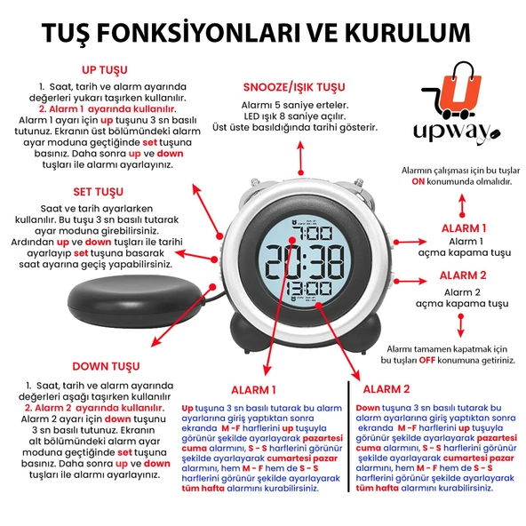 UpWay Çift Alarmlı Titreşimli Yüksek Zil Sesli Tarih Göstergeli LED Işıklı Dijital Masa Saati - 7