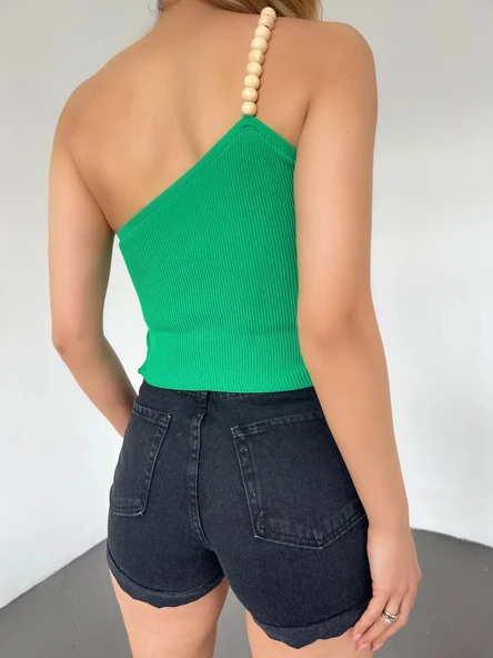 Ahşap Boncuk Detaylı Askılı Triko Bluz Yeşil - DF2303 - Resim 2