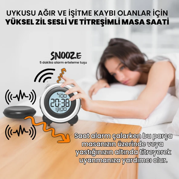 UpWay Çift Alarmlı Titreşimli Yüksek Zil Sesli Tarih Göstergeli LED Işıklı Dijital Masa Saati - 6