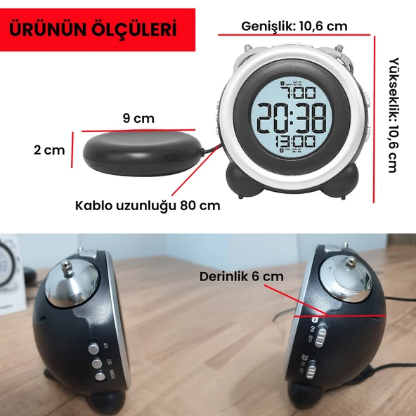 UpWay Çift Alarmlı Titreşimli Yüksek Zil Sesli Tarih Göstergeli LED Işıklı Dijital Masa Saati - 9