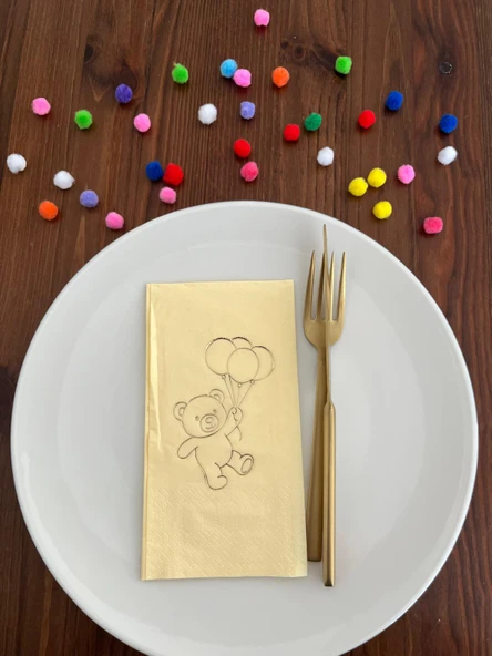 Gold Yaldızlı Sarı Sevimli Ayı Baskılı Garson Katlama Peçete 16 Adet ürün görseli