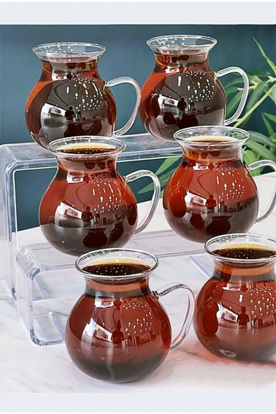 6'lı Keyfi Ala Borosilikat Cam Kulplu Çay Bardağı 180ml Bardak