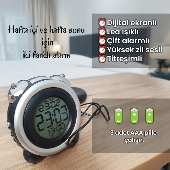 UpWay Çift Alarmlı Titreşimli Yüksek Zil Sesli Tarih Göstergeli LED Işıklı Dijital Masa Saati - 5