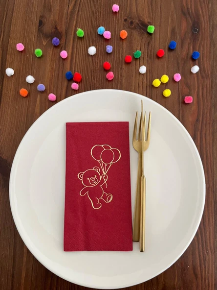 Gold Yaldızlı Bordo Sevimli Ayı Baskılı Garson Katlama Peçete 16 Adet ürün görseli 1