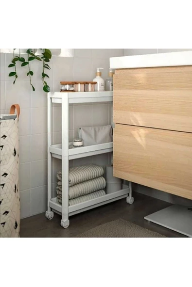 Vesken Tekerlekli Raf Ünitesi 3 Katlı Beyaz Banyo Rafı Mutfak Rafı Servis Sehpası Organizer