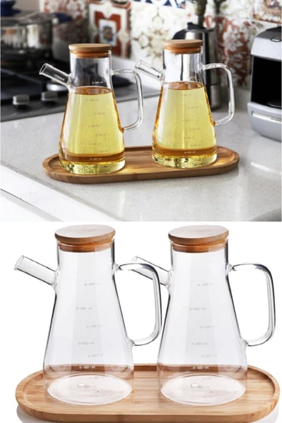 Bambu Kapaklı Vakumlu Borosilikat Cam Yağlık Sirkelik Bambu Altlık 3'lü Set