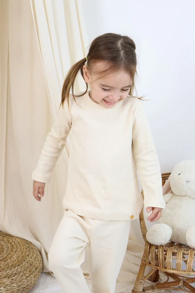 Basic Fitilli İnterlok Kumaş %100 Pamuk 1-5 Yaş Beyaz Bebek Pijama Takımı - 4