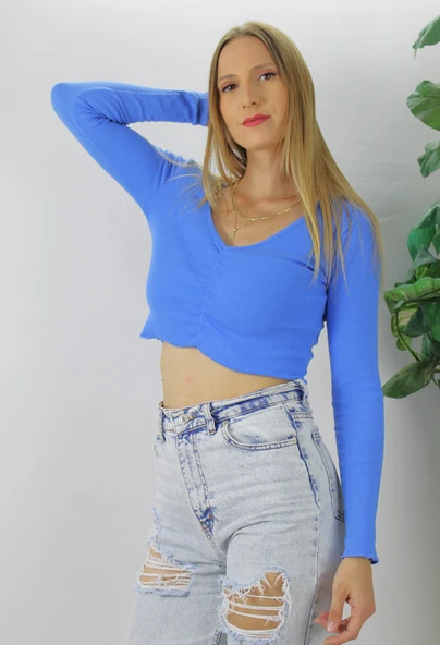 Büzgülü Fitilli Bluz Mavi  - 94574 ürün görseli