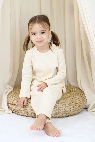 Basic Fitilli İnterlok Kumaş %100 Pamuk 1-5 Yaş Beyaz Bebek Pijama Takımı - 5