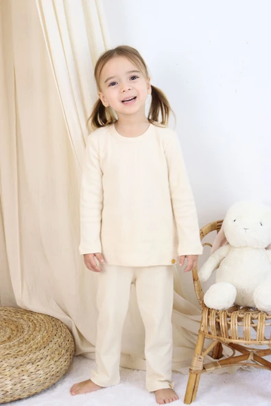 Basic Fitilli İnterlok Kumaş %100 Pamuk 1-5 Yaş Beyaz Bebek Pijama Takımı - 1