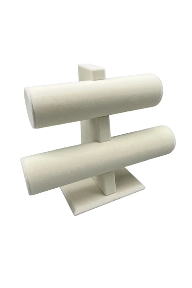 Süet Kaplama Krem Renk 26/18 Cm Iki Kademeli Saat Bileklik Sergileme Standı - Resim 3