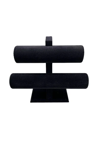 Süet Kaplama Siyah Renk 26/18cm Iki Kademeli Saat Bileklik Sergileme Standı - Resim 2