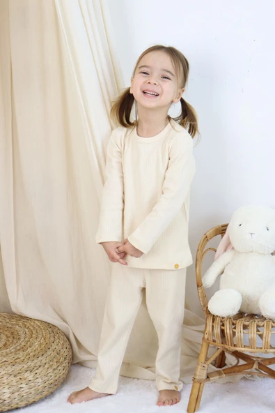 Basic Fitilli İnterlok Kumaş %100 Pamuk 1-5 Yaş Beyaz Bebek Pijama Takımı - 2