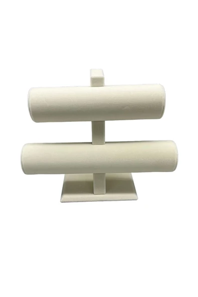 Süet Kaplama Krem Renk 26/18 Cm Iki Kademeli Saat Bileklik Sergileme Standı - Resim 2