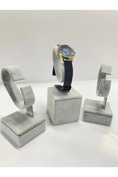 Süet Kaplama Gri Renk 3lü Takım Saat Kelepçe Standı ( Megassdekor ) - Resim 2