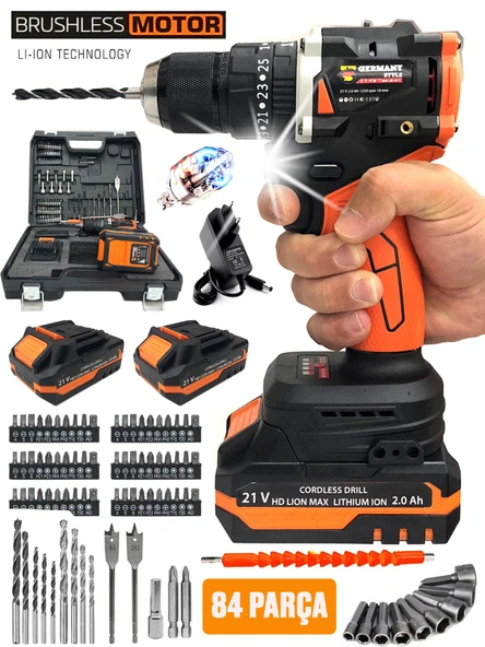 Germany Style MS8006 21v Çift Akülü Vidalama Çelik Mandren Kömürsüz Motor Darbeli Şarjlı Matkap