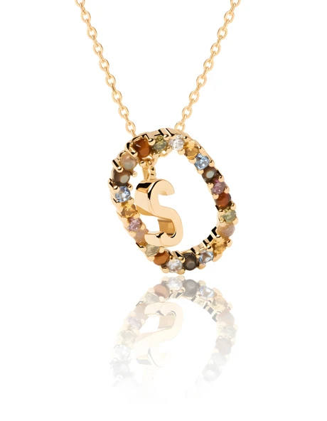 Renkli Taşlı Gümüş Harf Kolye - Altın - Resim 2