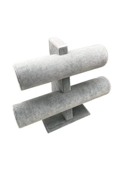 Süet Kaplama Gri Renk 26/18 Cm Iki Kademeli Saat Bileklik Sergileme Standı - 3