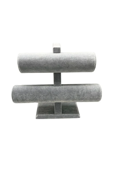 Süet Kaplama Gri Renk 26/18 Cm Iki Kademeli Saat Bileklik Sergileme Standı - 2