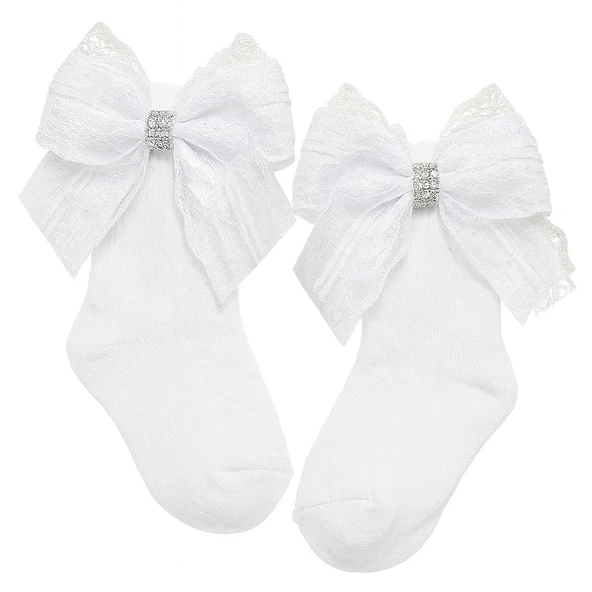 Taşlı Kurdeleli Dantelli Okul Çorabı - 3