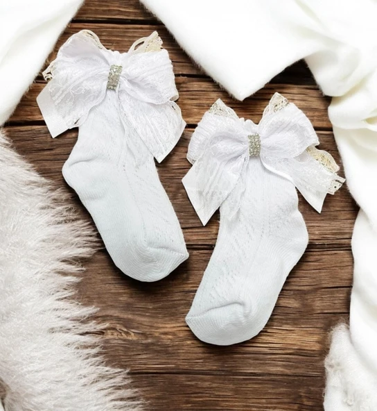 Taşlı Kurdeleli Dantelli Okul Çorabı - 2