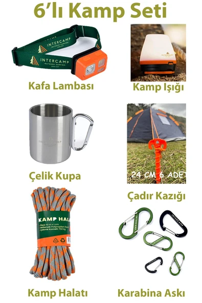 6’lı KAMP SETİ-Kafa Lambası, Çadır Işığı, Çelik Kupa, Çadır Kazığı, Kamp Halatı, Karabina Askıları