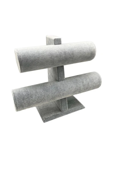 Süet Kaplama Gri Renk 26/18 Cm Iki Kademeli Saat Bileklik Sergileme Standı - 1