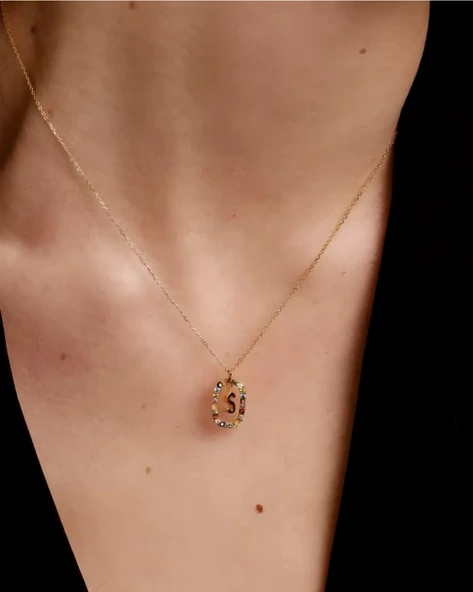 Renkli Taşlı Gümüş Harf Kolye - Rose - Resim 3