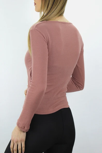 V Yaka Klipsli Bluz Pudra - 117.645 - Resim 2