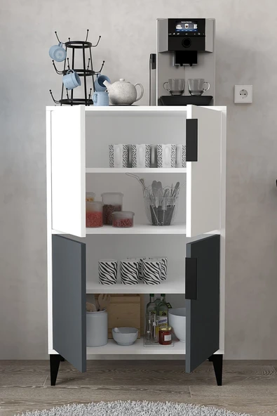 Evmo Home 1402 Ada Çok Amaçlı Dolap , Kahve Köşesi , Kiler Dolabı , Mutfak Standı 4 Kapılı , Antrasit Beyaz - 3
